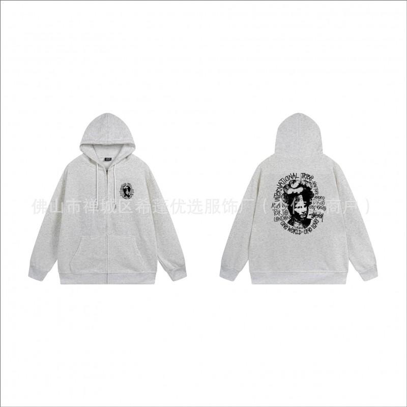 Hooded Zip-Up Sweatshirt Men Women Letter Print Loose Fit Casual Streetwear
