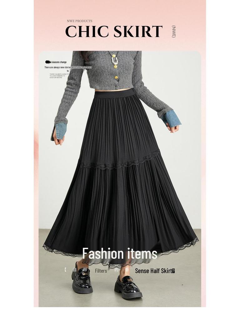 Autumn 2025 Korean-Style Lace Patchwork Pleated Skirt for Women with Elastic Waist