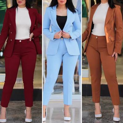 2 buc./set haină formală pentru damă, pantaloni, guler răsturnat, cu mâneci lungi, cu două piepte, jachetă, slim fit, pantaloni de culoare pură, îmbrăcăminte zilnică ocazională, navetă