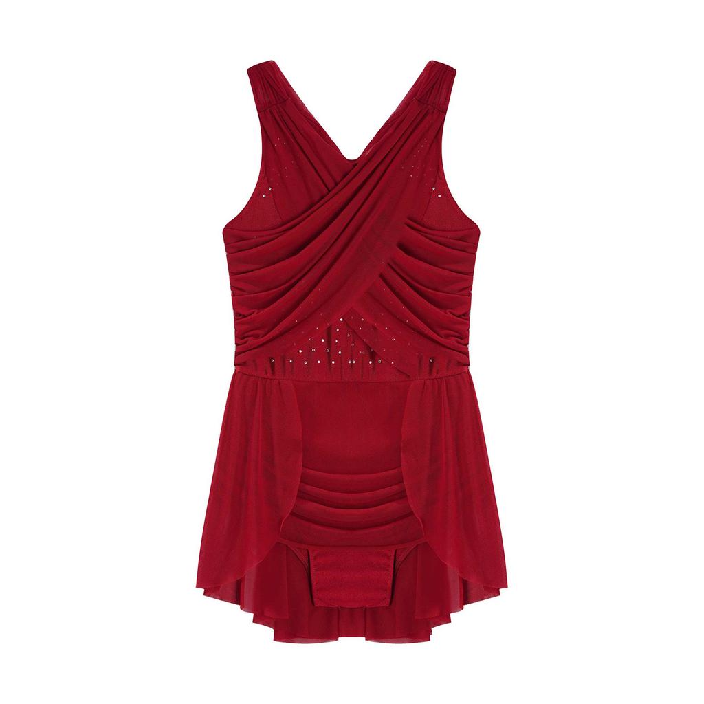 Girls Figure Skating Dress, Lyrical Dance Costume with Mesh Overlay, Cutout Back, Shiny Rhinestones & Irregular Hem