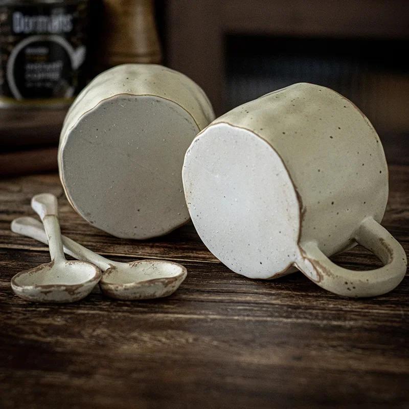 New Design Stoneware Handmade Japanese Retro Retro Coffee Mug for Afternoon Tea Ceramic Mug Set with Spoon