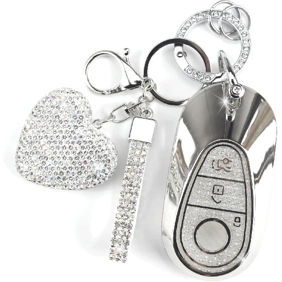 Key Fob Cover with Diamond Keychain Car Key Holder Case Compatible with - Benz S-Class G-Class E-Class Smart Remote Key Protector for Women, 3
