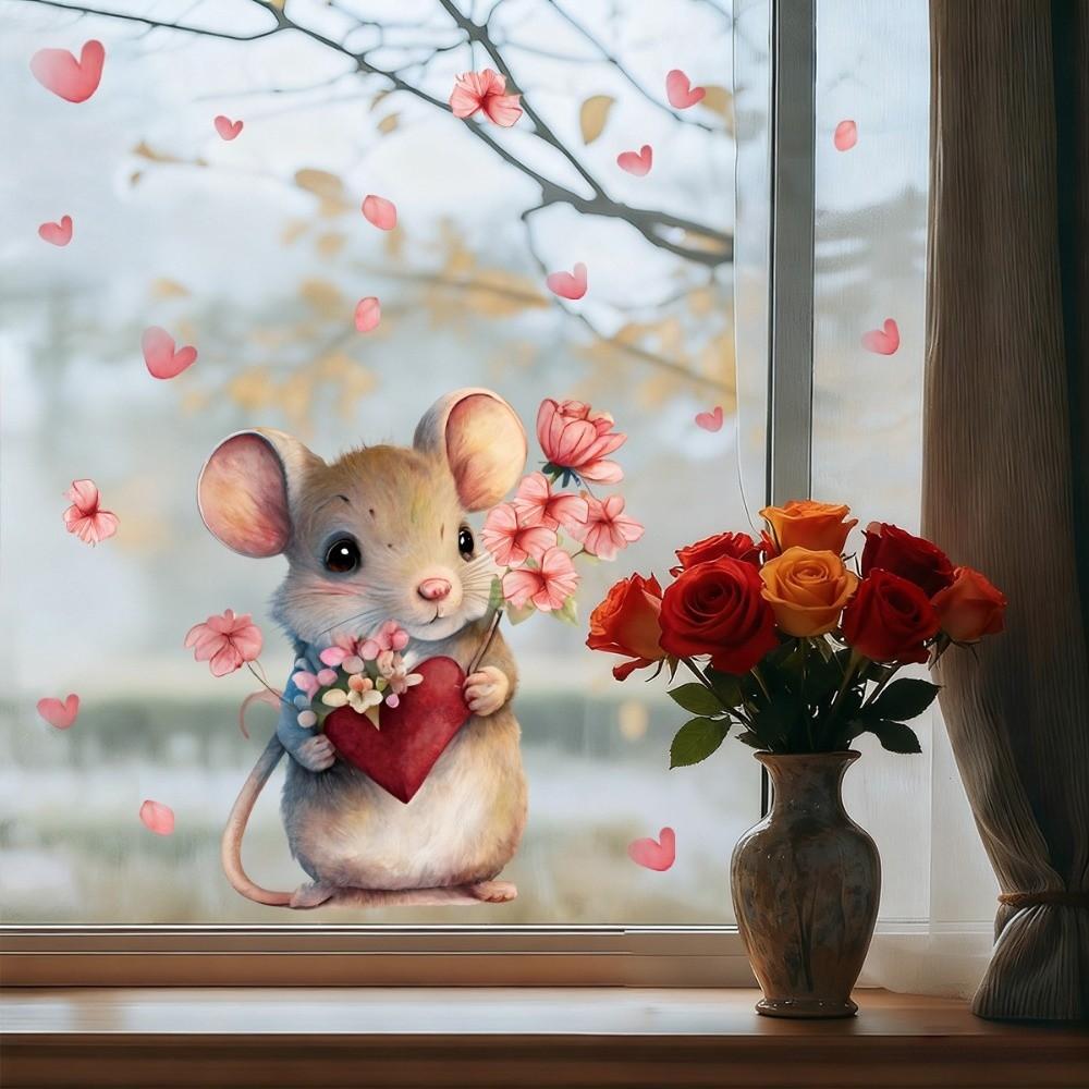 PVC Valentine's Day Window Stickers Animals Cats Bears Mice Cartoon Electrostatic Decal for Home