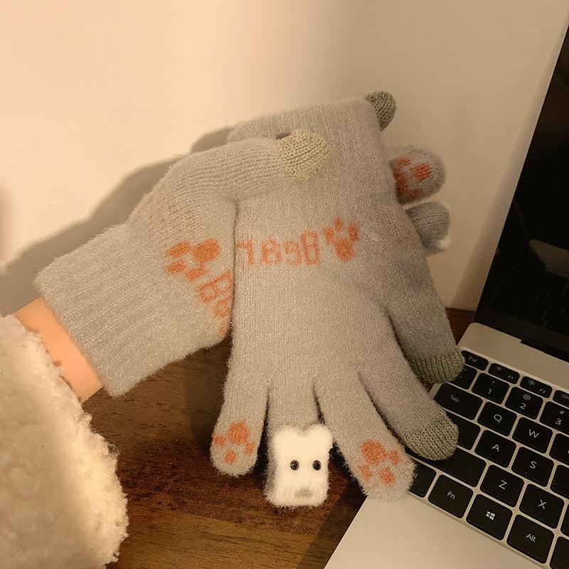 Touch Screen Christmas Red Split Finger Gloves for Female Winter Student Cute Korean Style Thick Plush Riding Warm Winter Trend