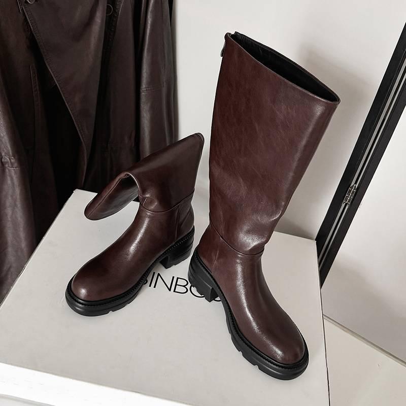 Autumn and Winter Medium Heel Large Size Knight Boots Women's Solid Color Sleeve Large Tube Circumference Women's Boots Thick-soled Versatile Cowhide