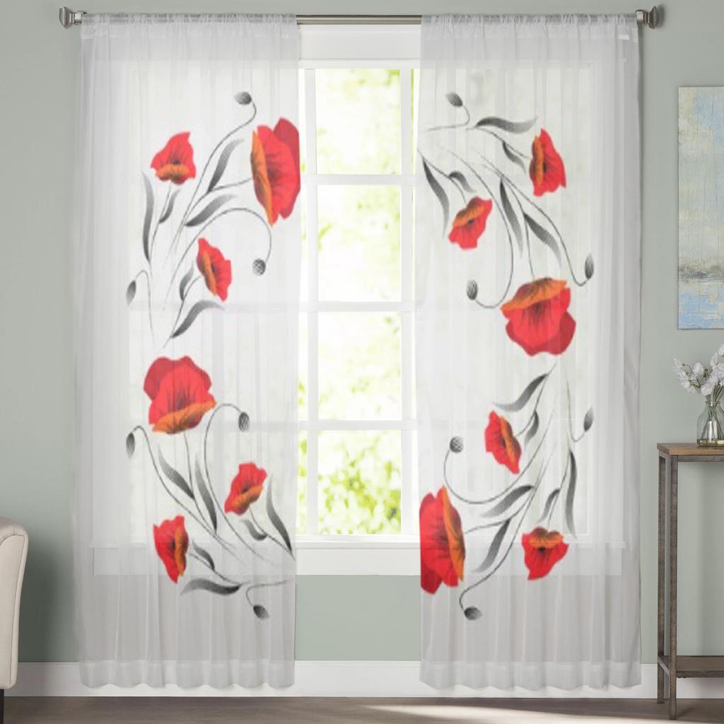 Rote Mohnblumen-Tüllvorhänge für Wohnzimmerdekoration, moderne Schleier-Chiffon-Vorhänge, Schlafzimmer, durchsichtiger Voile