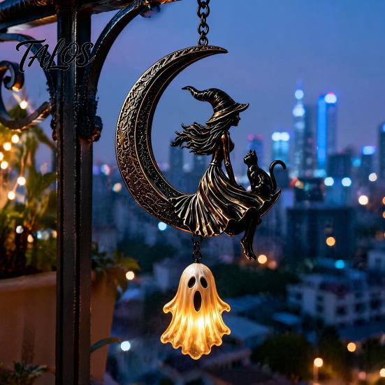 Metall-Rasen-Skulpturen Solarbetrieben Hängende Hexe am Mondlaternen-Anhänger, Rostfreier Außen-Anhänger Lustige Hinterhof-Garten-Dekorationen Licht, Dekorativ Skurril