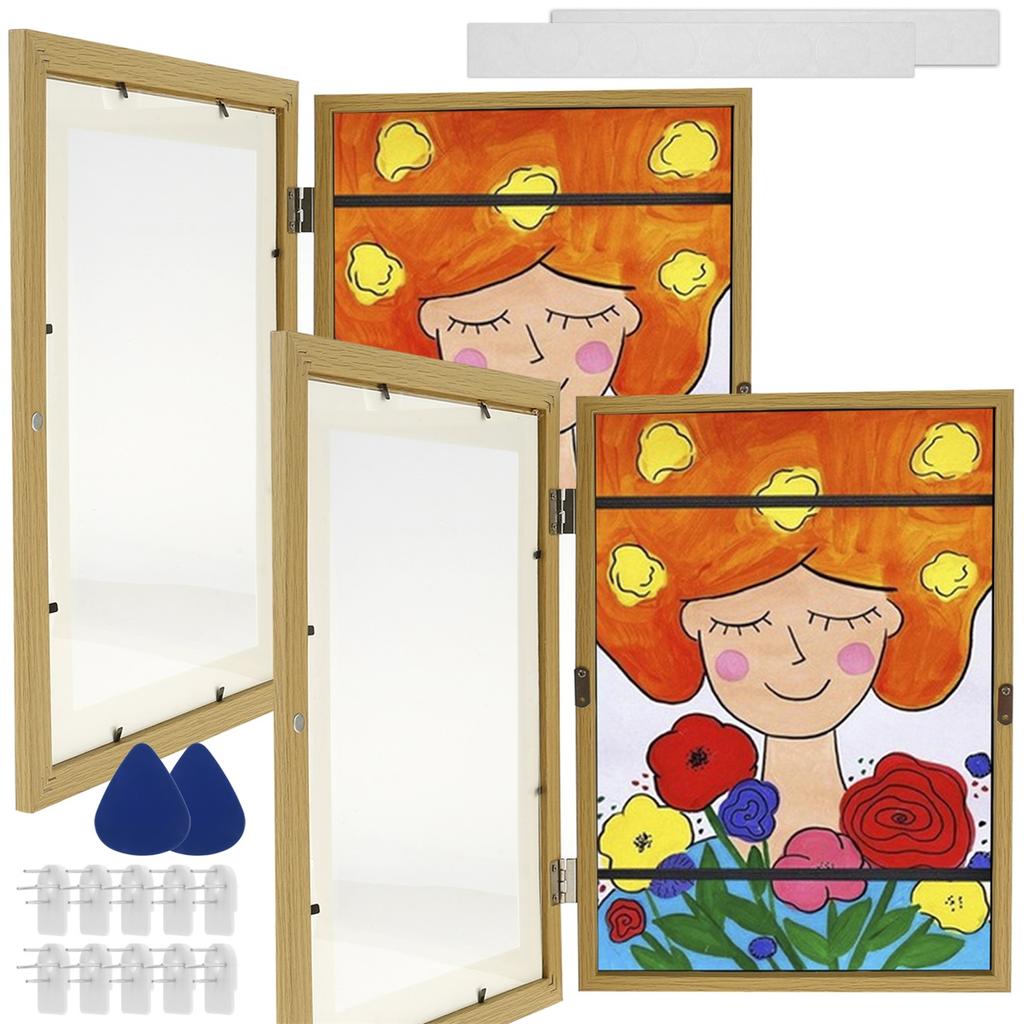 1/2 Stück Kinder Kunstrahmen Set A4 Frontöffnung Foto Rahmen Holz Kinder Kunstwerk Display Rahmen für 100 Bilder Horizontal und