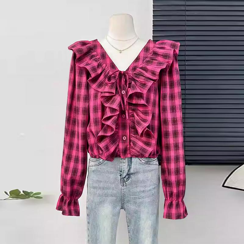 

VONDA Женские летние клетчатые рубашки с оборками и V-образным вырезом с длинным рукавом 5XL темно-розовый