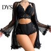 See Through Sleepwear Sexy Mesh Set, Women Lace Kimono Robe with Sheer Bra & Panty, Three Piece Nightgown for Ladies Nightwear