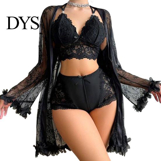 See Through Sleepwear Sexy Mesh Set, Women Lace Kimono Robe with Sheer Bra & Panty, Three Piece Nightgown for Ladies Nightwear