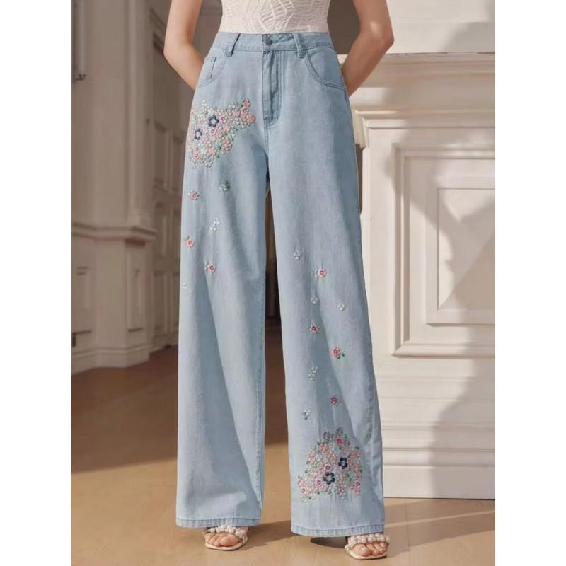 2026 Oversized Wide-Leg Denim Pants With Vintage Embroidery High-Waist Loose Fit Streetwear
