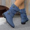 2025 Fashion Women Denim Round Toe Turkey Boots Femme Buckle Decor Midi High Ankle Boots Party Workwear Party Shoes Korean