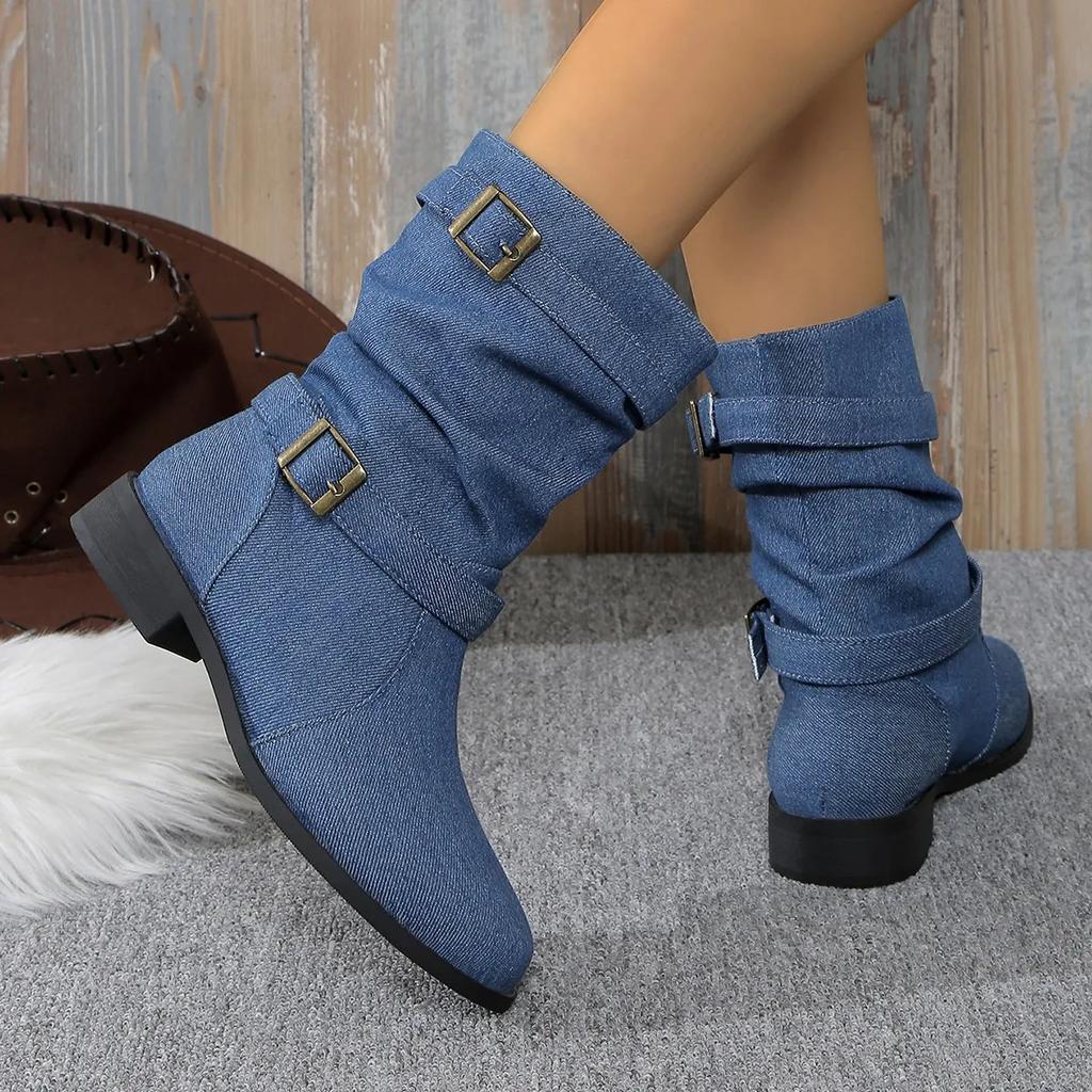 2025 Fashion Women Denim Round Toe Turkey Boots Femme Buckle Decor Midi High Ankle Boots Party Workwear Party Shoes Korean