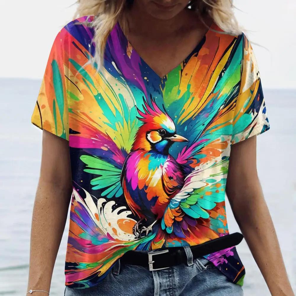 Summer Fashion Bird Parrot 3D Print T-Shirts Women V-Neck Short Sleeve T Shirt Y2k Tops Tees Oversized Harajuku Woman Clothing