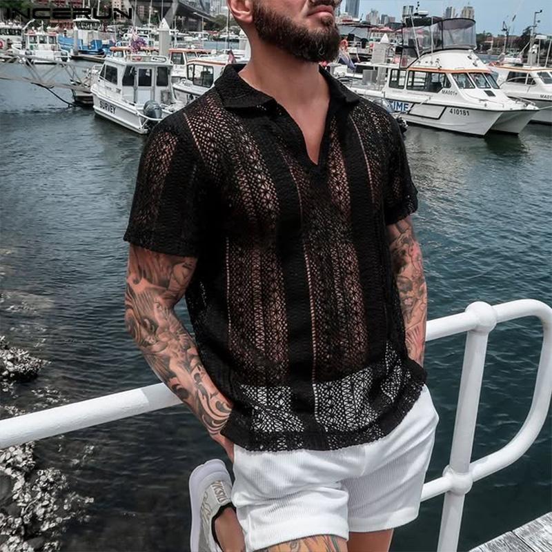 

INCERUN Men Lapel Neck Short Sleeve Hollow Lace See Through Casual T-shirts M белый