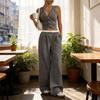 Casual Striped Sleeveless Pants Suit With Cotton Linen Fabric For Office Women