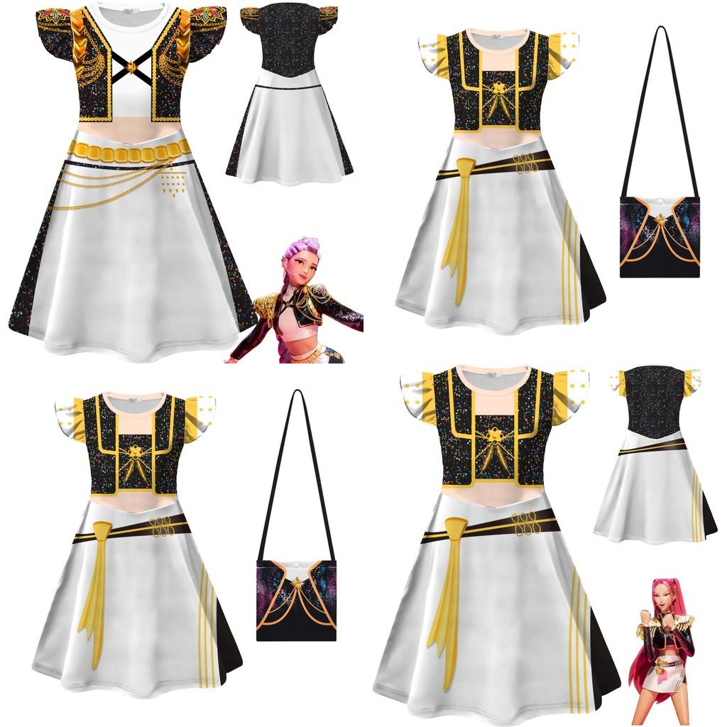 Kpop Demon Hunters Cosplay Girl Dress With Milk Silk Fabric For Summer Kids Dress Up