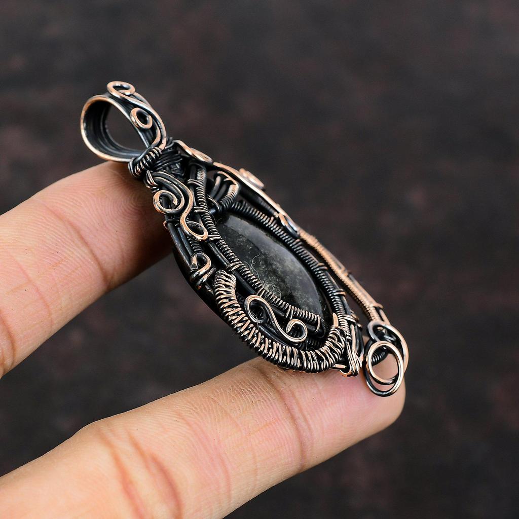 Silver Sheen Obsidian Pendant Copper Wire Wrapped Pendant Original Gemstone Pendant Copper Jewelry Stylish Pendant Handmade Jewelry For Gift