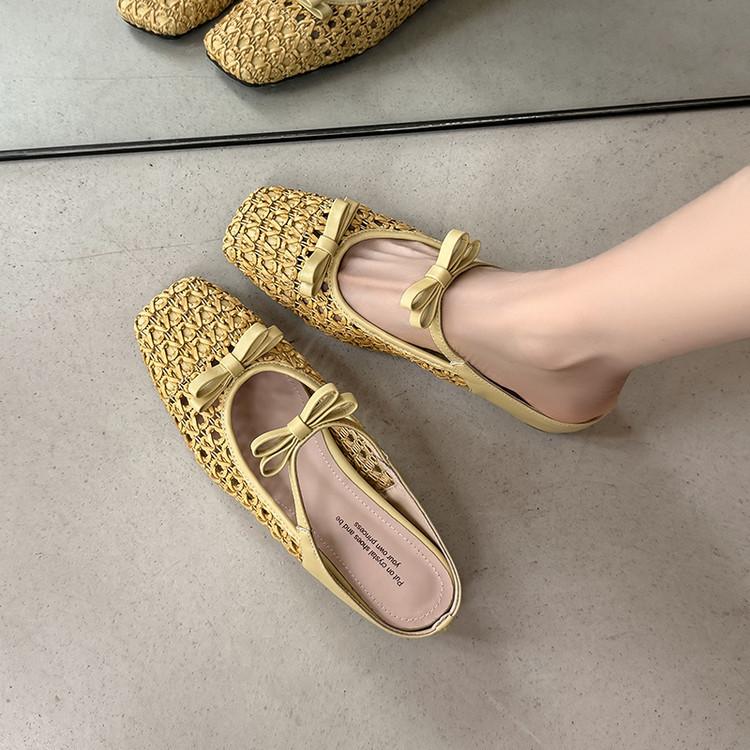 

Vintage Mary Jane single shoes women s woven round head sandals 2025 summer new Muller hollowed-out inner height-increasing sandals 39 жёлтый