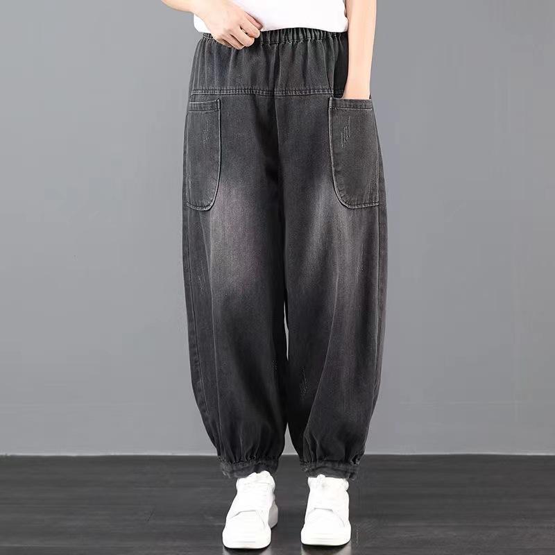 Luźne Haremowe Jeansy z Szerokimi Nogawkami Damskie Plus Size Dad Talia Wysoka Talia Spodnie Dziewięciopunktowe Wyszczuplające Lekko Sprane Codzienne Spodnie