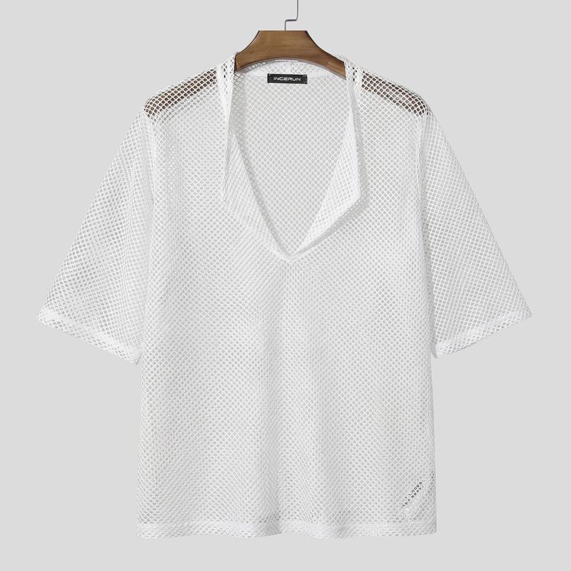 INCERUN Oversized Men Deep V Long Sleeve Hollow Loose T-shirts Tops