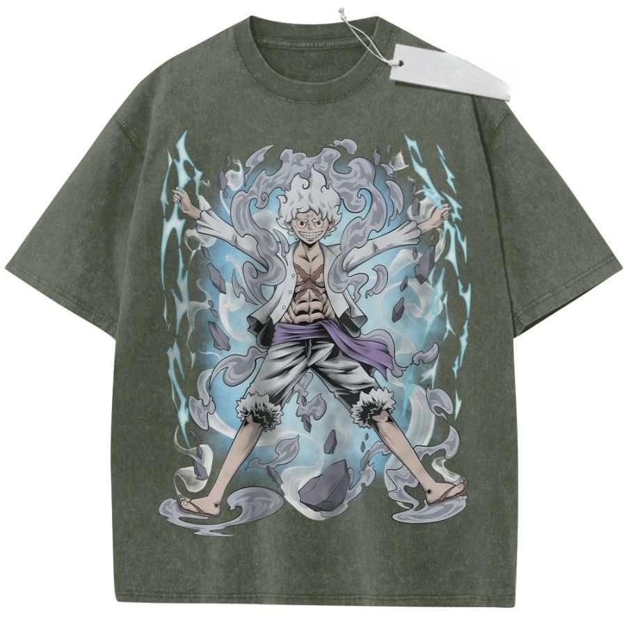 Unisex Washed Black Vintage T Shirt One Piece Luffy th Gear Lightning Smoke High Quality Fabric for Home Leisure Travel