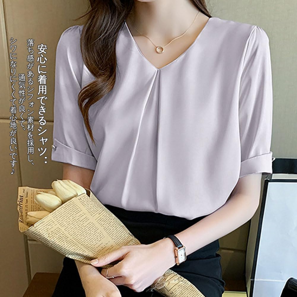 Short Chiffon Loose Body Summer [Bidason] Women's Blouse, Sleeve, Shirt, V-Neck, Summer, Fit, Slimming, Tuck, Casual, Covering, Neat, Stylish, Cute,