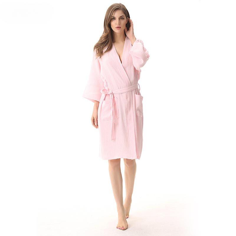 Plain Color Thin Bathrobe Cotton Double Layered Washed Gauze Women's Yukata Kimono Style Women's Nightgown