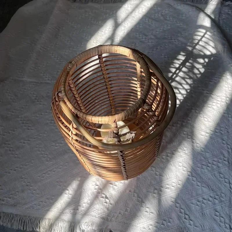 1pc Rattan Woven Floor Wind Lamp Desktop Candle Holder Handmade Natural Zen Style Tea Room Ornament Indoor Home Household Decor
