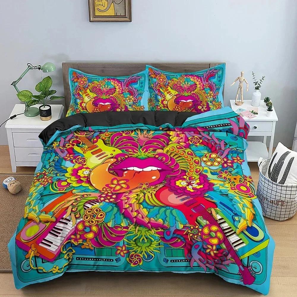 Mushroom Duvet Cover Set Trippy Drawing Hippie Design Psychedelic Bedding Set Comforter Quilt Cover Single Double Queen King