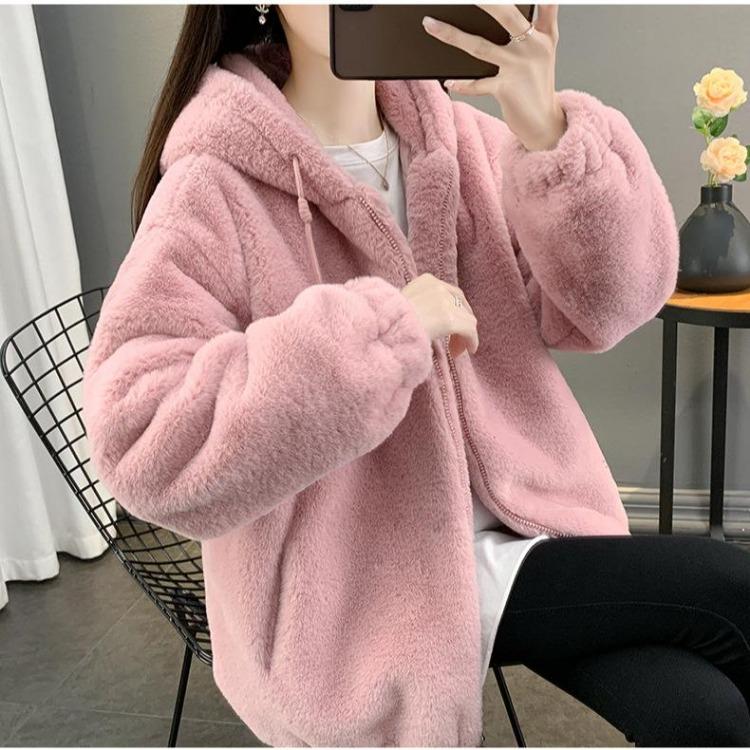 Women Loose Plush Hooded Coat Lamb Wool Thickened Medium Long Autumn Winter New Clothing Imitation Rabbit Fur Coat