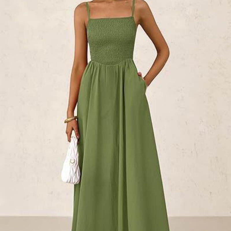 

Women s spaghetti strap pleated vest dress with pockets L армия зеленый