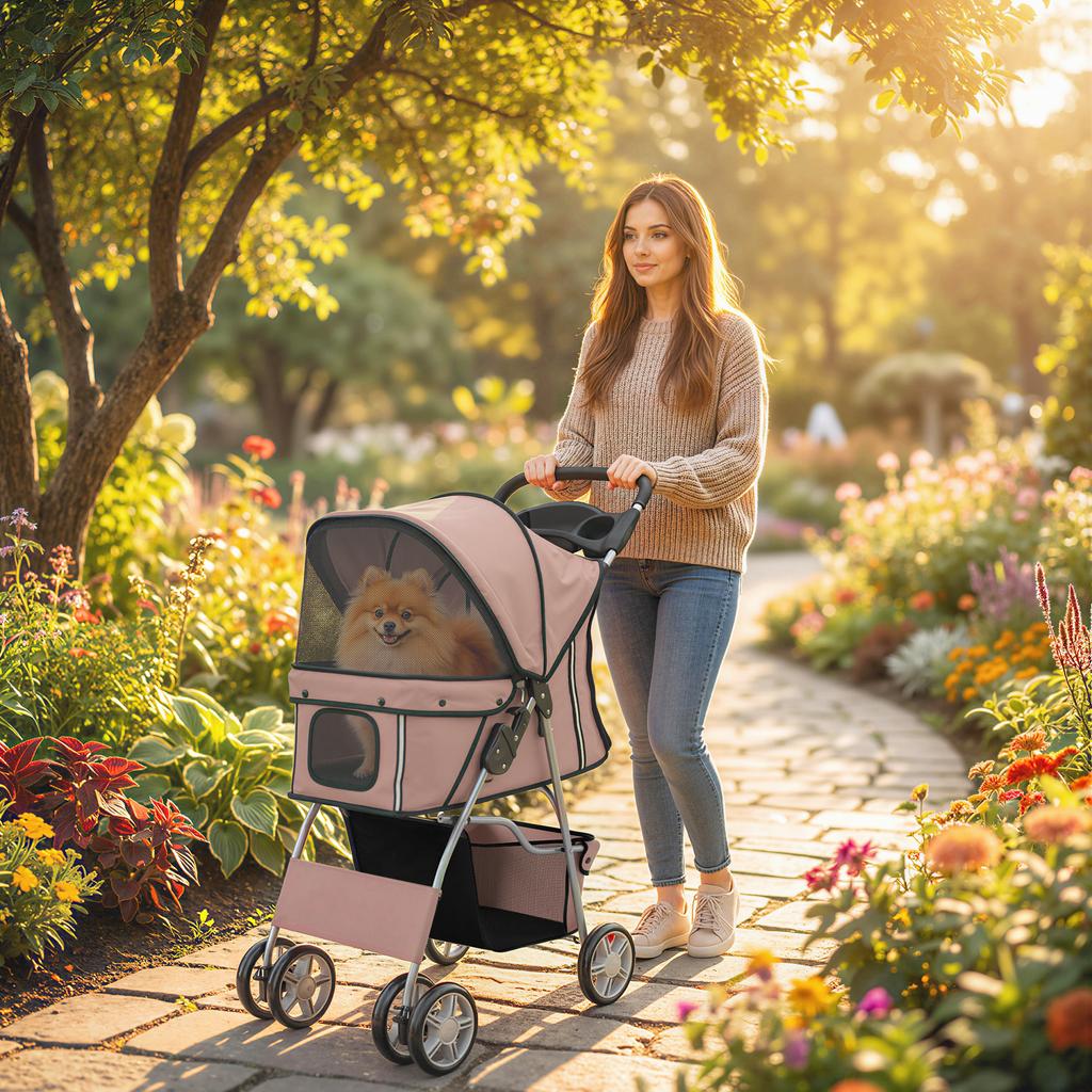 Folding Dog Stroller with Reflectors, Swivel Wheels, Brakes, and Washable Cushion, Coffee