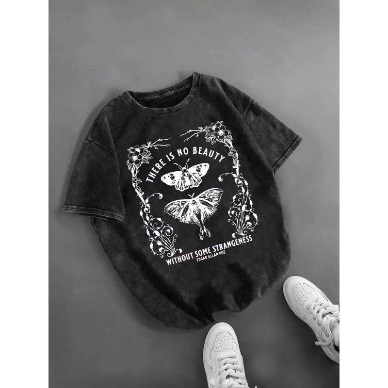 Vintage Gothic Rabe Print T-Shirt Unisex Gewaschenes Schwarz Rundhalsausschnitt Oversized Tee Y2K Streetwear Kurzarm für den täglichen Gebrauch