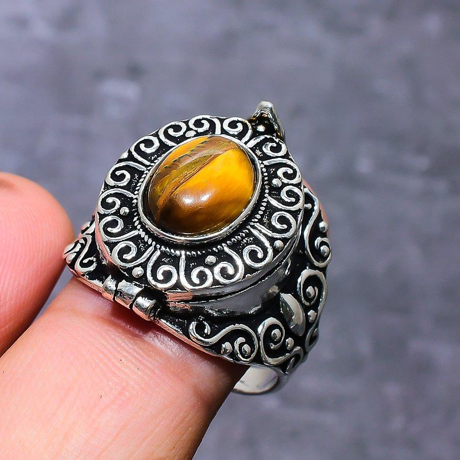 Natürlicher Tigerauge-Edelstein, 925er Sterling-Silber, Ringgröße 9,5, o4S05