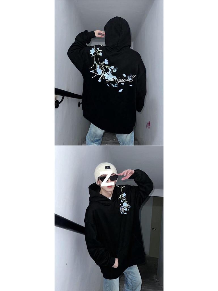 Men's White Light Luxury Hooded Sweatshirt - Autumn/Winter Style, Velvet Thickened, Loose Streetwear with Embroidery.