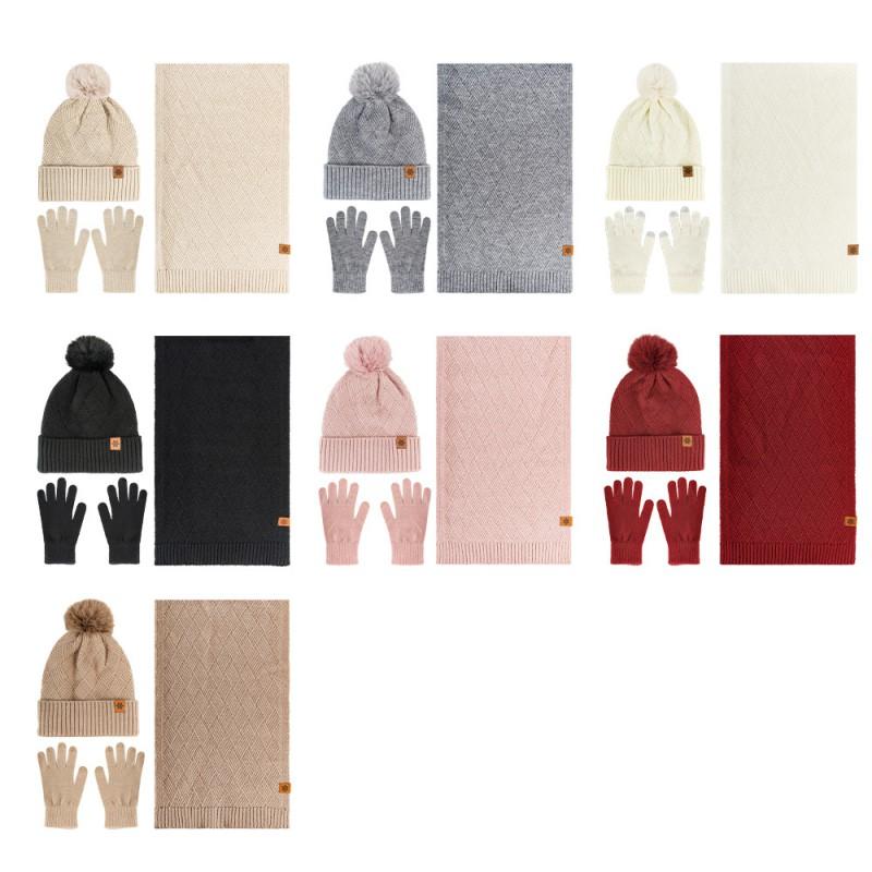 Womens Winter Warm Knit Hat Scarf Gloves Set Double-Layer Fleece Lined Acrylic Beanie Accessory Cold Weather
