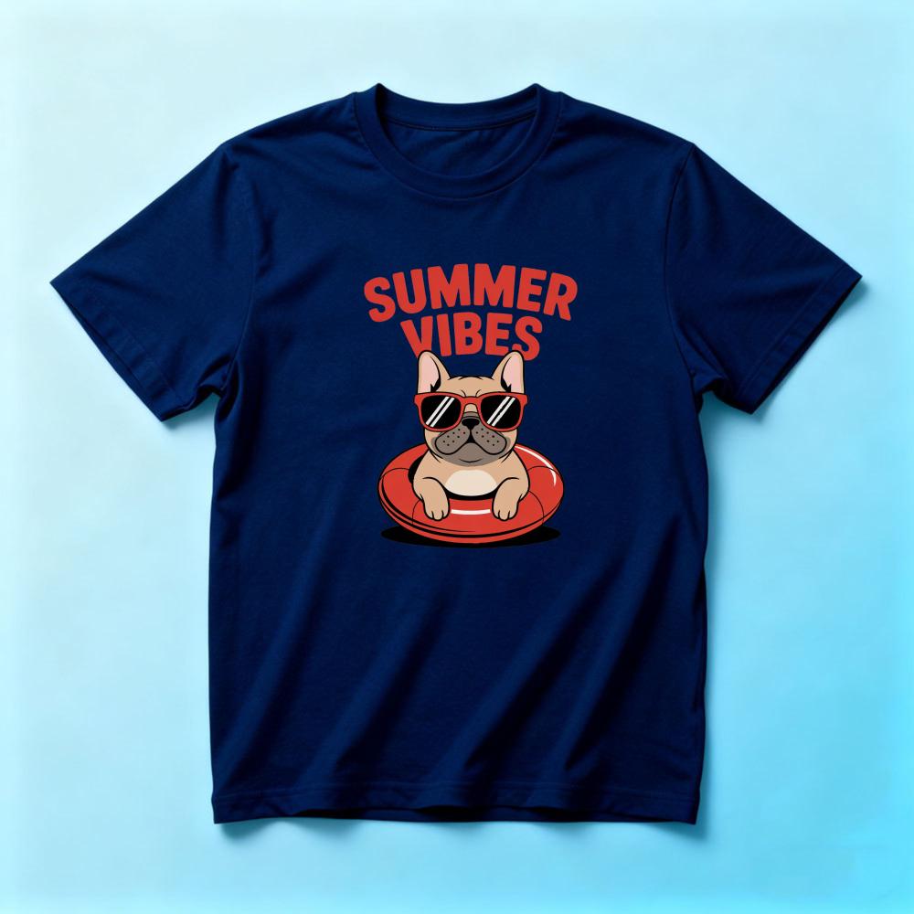 French Bulldog Summer Swim Ring SunglassesunisexT Shirt Summer Vibes Dog Lover Gift Beach Vacation Tee Cartoon Casual Holiday Top