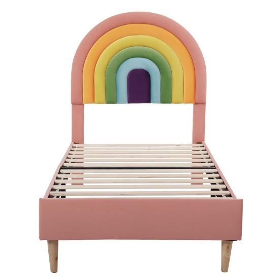 Teen Bed with Height-Adjustable Rainbow Headboard Ergonomic Design Strong Load Bearing Easy To Assemble Youth Bed Home Furniture