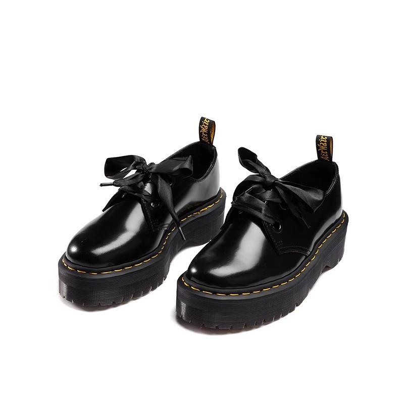 

Осень новая женская Мэри Джейн с двумя отверстиями и лентой, из коровьей кожи, на платформе, маленькие кожаные туфли, британская мода, универсальные, увеличивающие рост, ботинки Мартин 41 чёрный