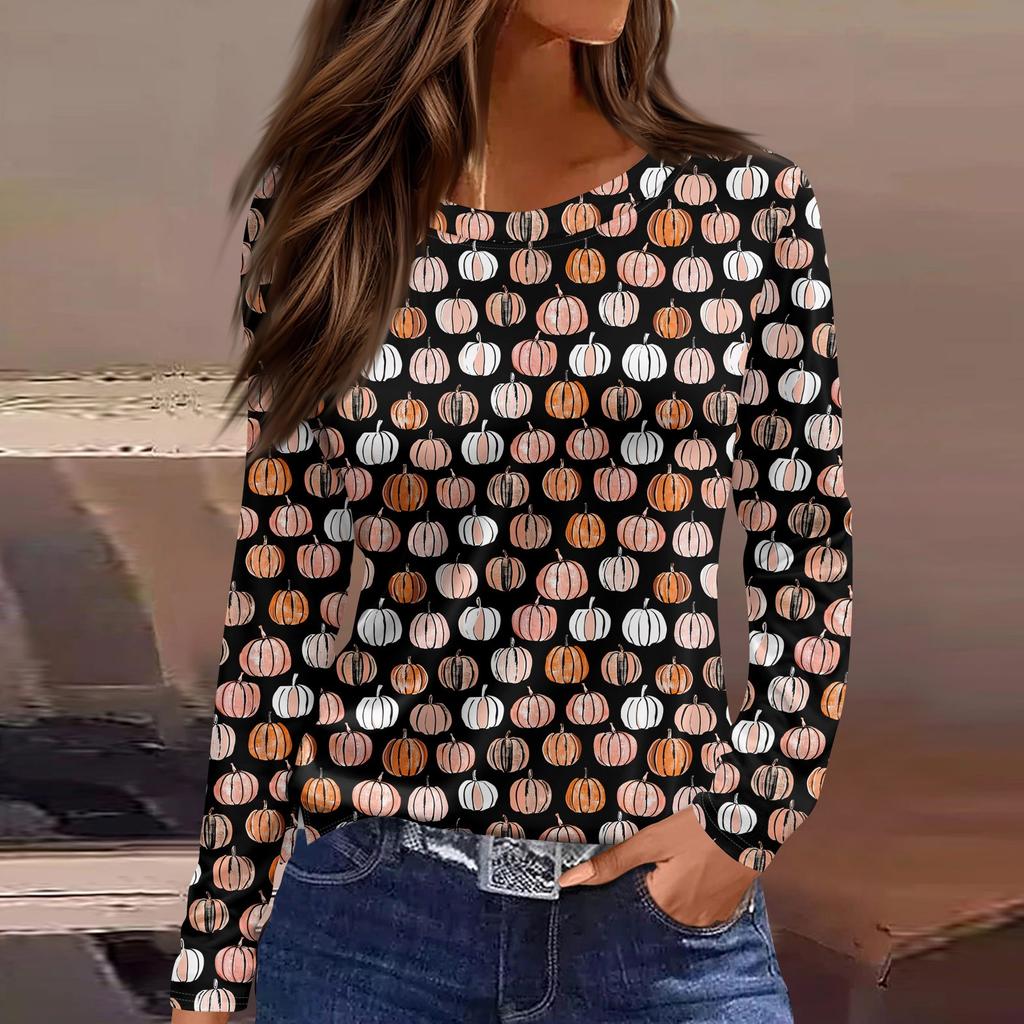 Damenmode Saumschlitz Lässig Halloween-Print Rundhals Langarm Oberteil