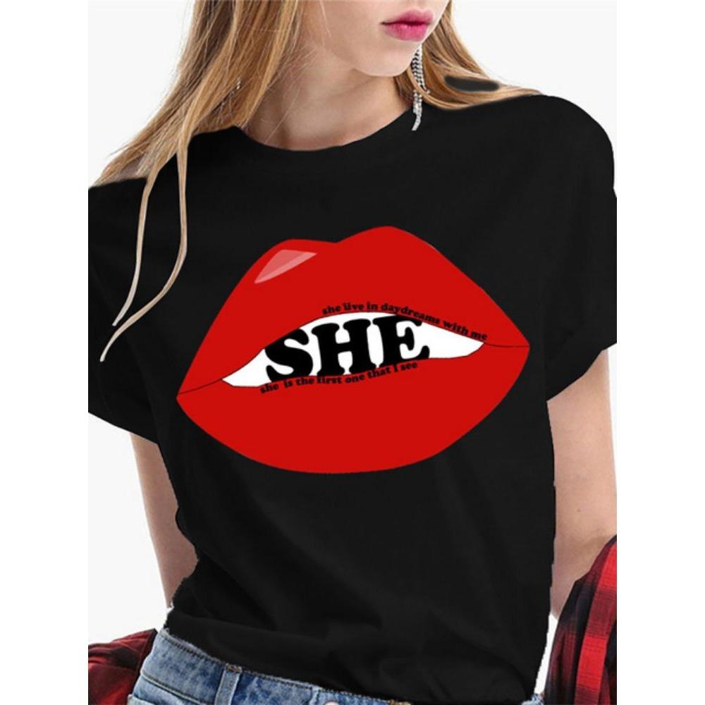 Fashion Sexy Red Lip Women T Shirt Funny Kiss Lips Print Ladies T-shirt Casual Basis O-collar Short Sleeves Female Tops Tees