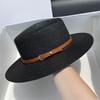 Straw Hat Wide Brim Flat Faux Leather Strap Top Design Metal Buckle Decor Sun Hat Beach