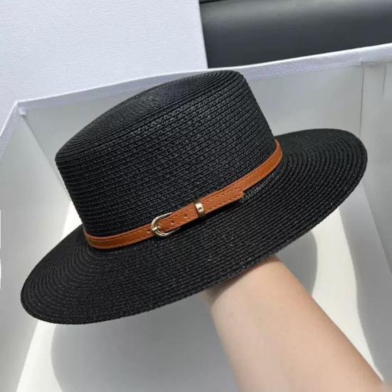 Straw Hat Wide Brim Flat Faux Leather Strap Top Design Metal Buckle Decor Sun Hat Beach