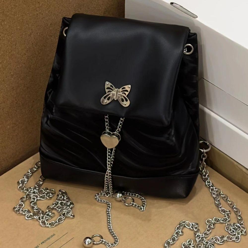 Chain backpack, Xiaoxiangfeng Y2K sweet and cool Spice Girl 2023 new mercerized leather high-end black backpack bag for women