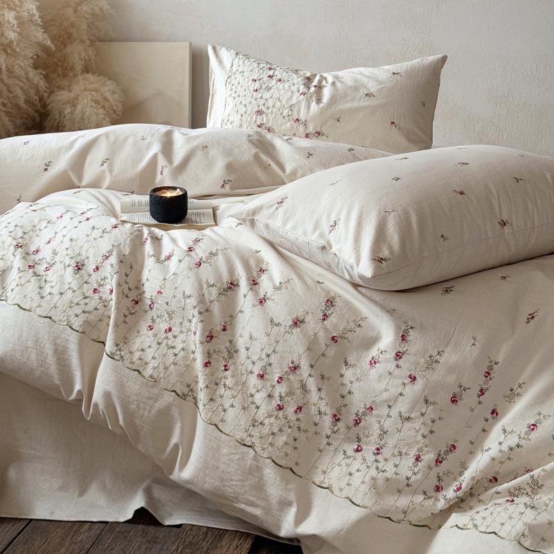 2026 Spring/Summer Japanese Bamboo Cotton Linen Embroidered Bedding Set - Skin-Friendly, Four Pieces 1.8m Bed Sheet Style Four-Piece Set