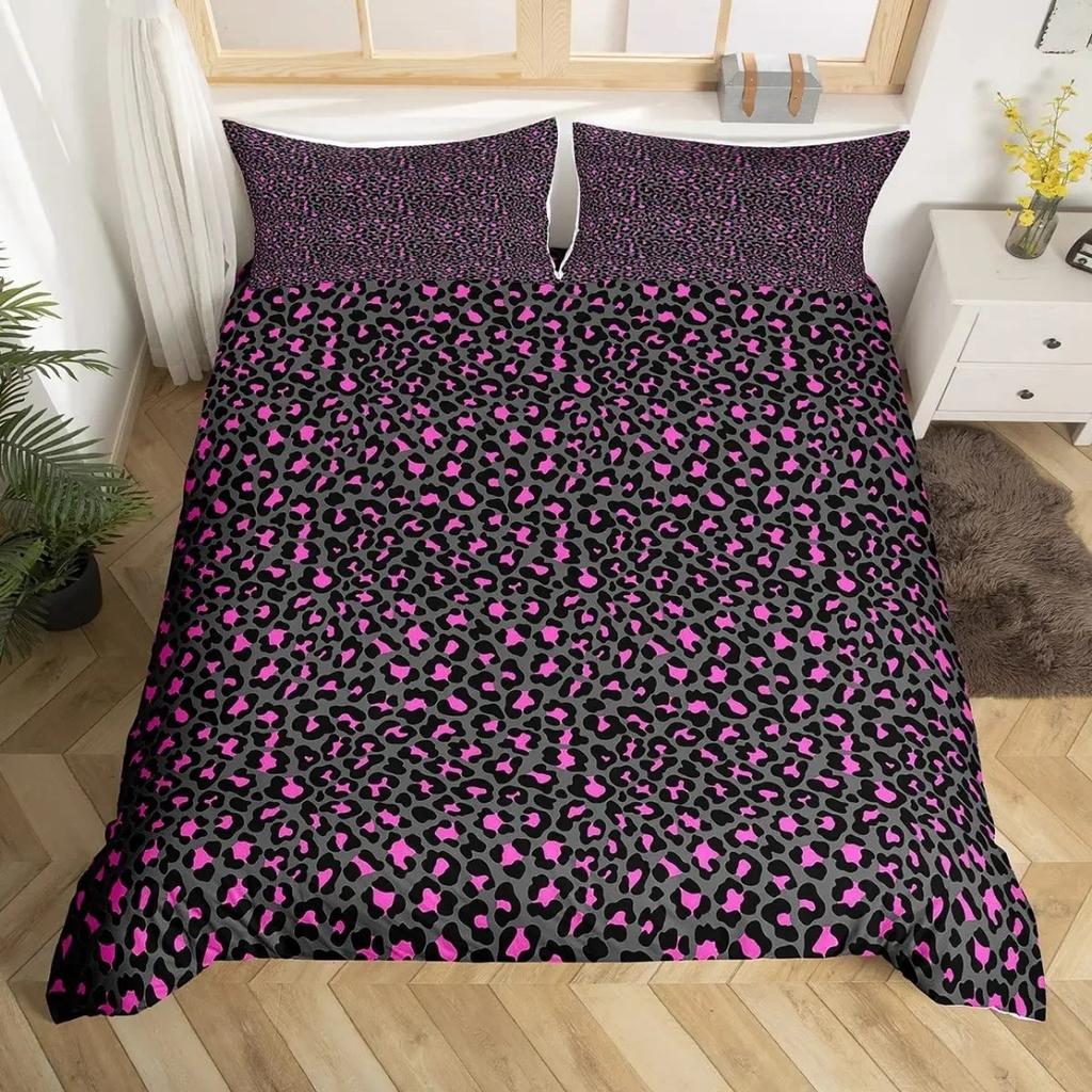 Animal Skin Leopard Duvet Cover Pink Leopard Print Bedding Set Pillowcase  For Girly Teens Women Bedroom Decor