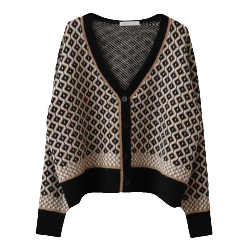 Women Loose Thick Plaid Color Block V Neck Long Sleeve Knitted Cardigan Sweater Coat