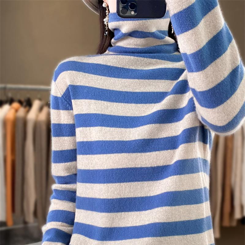 Autumn and Winter New Knitted Sweater Women's Striped Bottoming Shirt Stack Collar Pullover Andy Fleece Top Loose and Thin Sweater